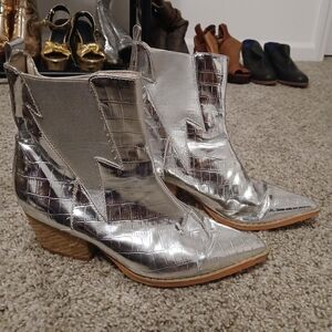 Silver Croc-Embossed Ankle Boots